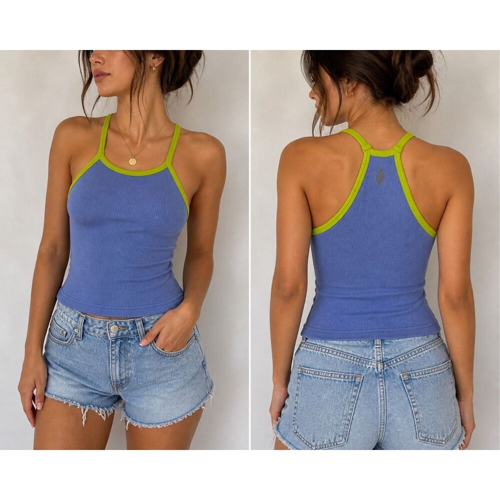 Free People Movement Ribbed Tank XS Blue Green Trim Y2K Crop Top